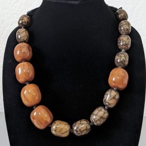 World Market Chunky Glass Bead & Ribbon Necklace, Tan / Brown, Adjustable